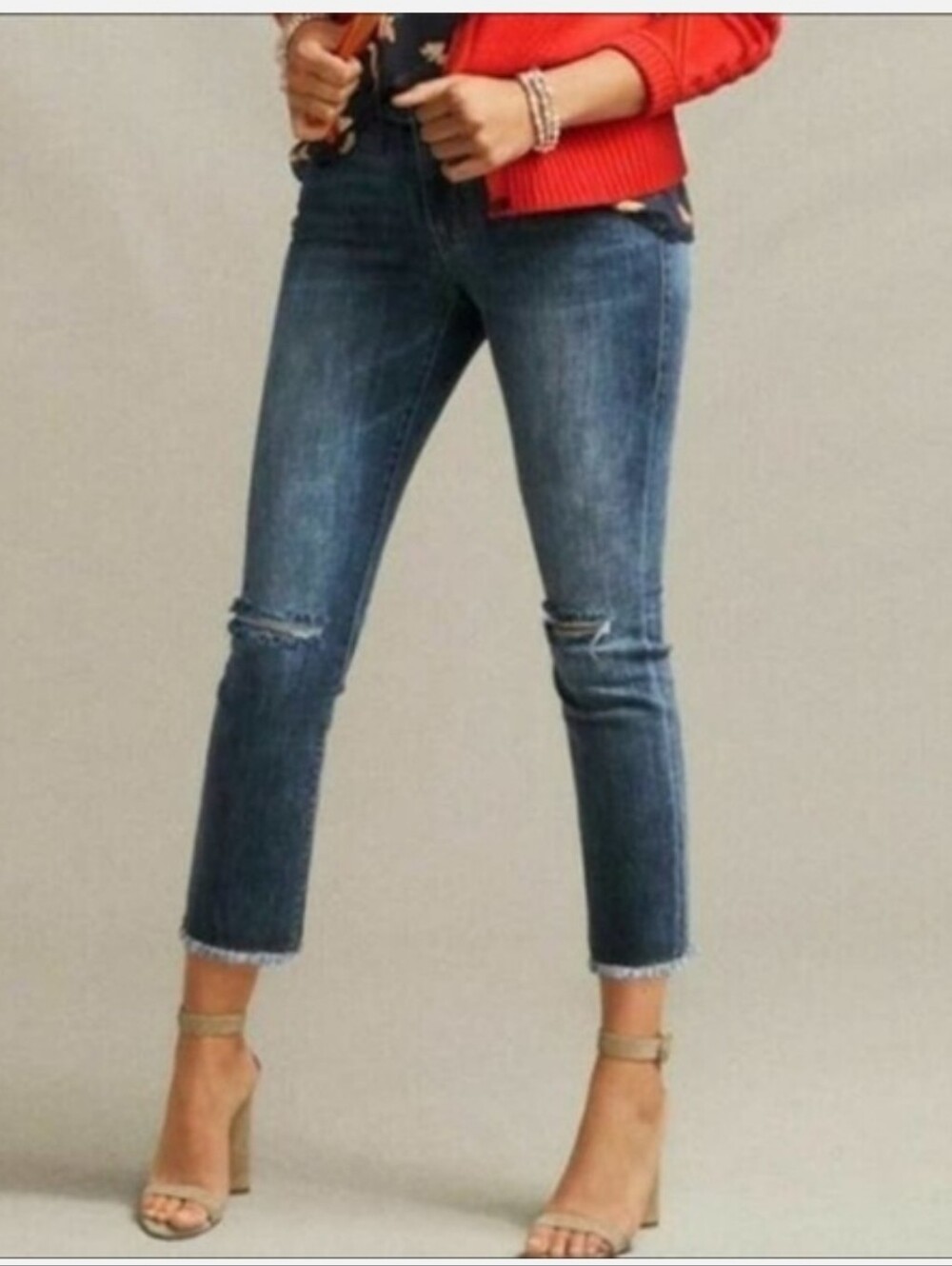 CAbi Blue Distressed Straight-Leg Cropped Jeans